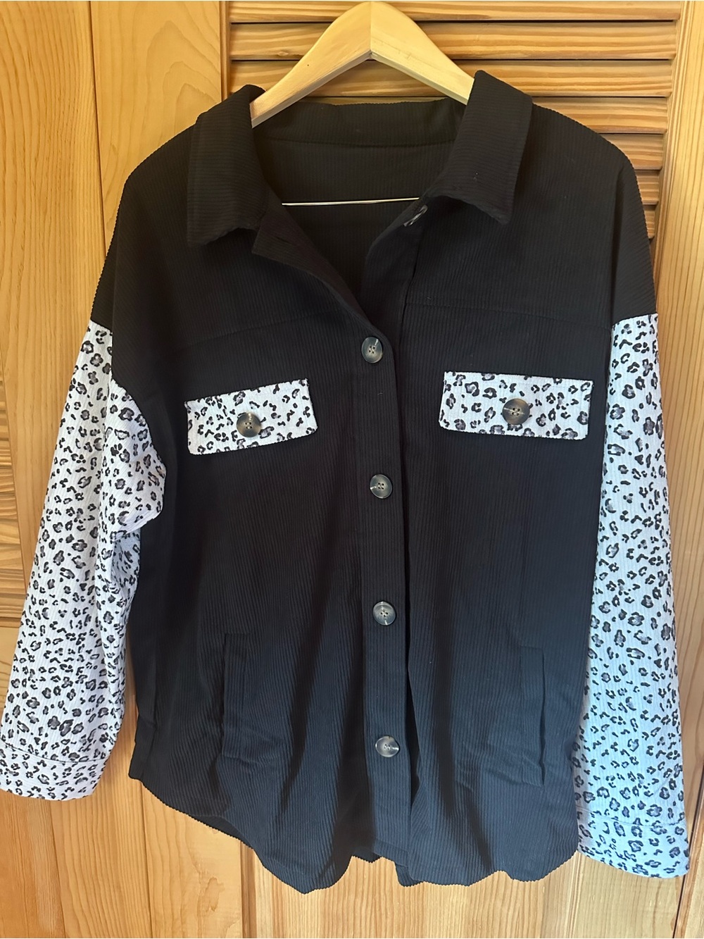 Black Shirt Jacket with White Leopard-Print Sleeves